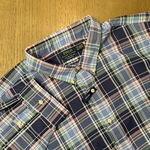 Ralph Lauren Men’s Navy Plaid Button-Down Shirt with Pastel Accents